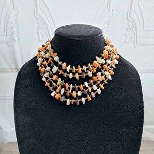 Vintage Multi Strand Stone Necklace Statement Choker - Brown Orange Cream
